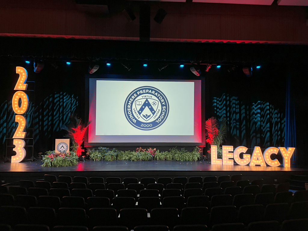 Light-Up Marquee Letters at school event spelling out "2023 LEGACY"